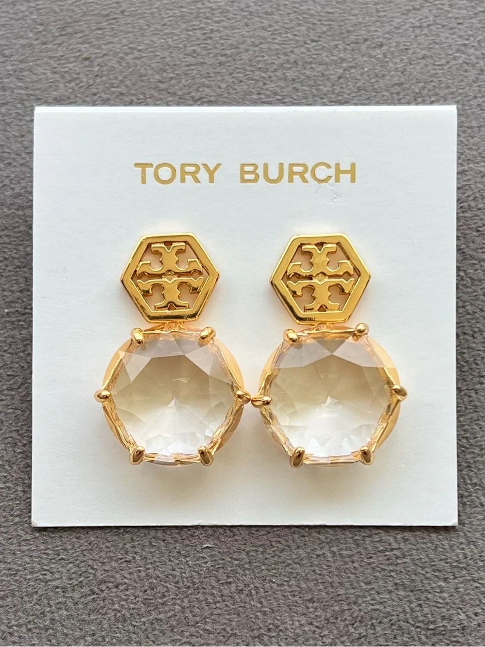 Tory Burch Gold-Tone Hexagon Logo Drop Earrings with Clear Faceted Stones